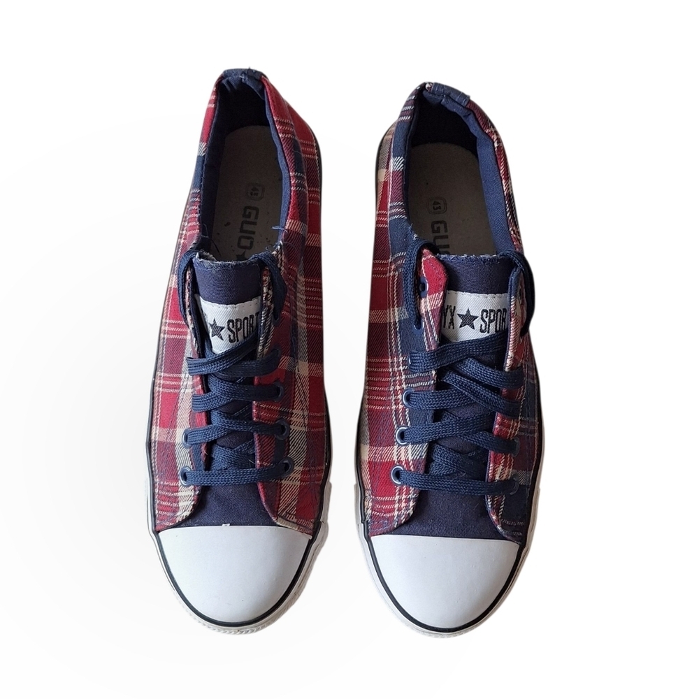 Men’s Plaid Canvas Sneakers Size 10 Red Navy Lace Up Casual Skate Shoes